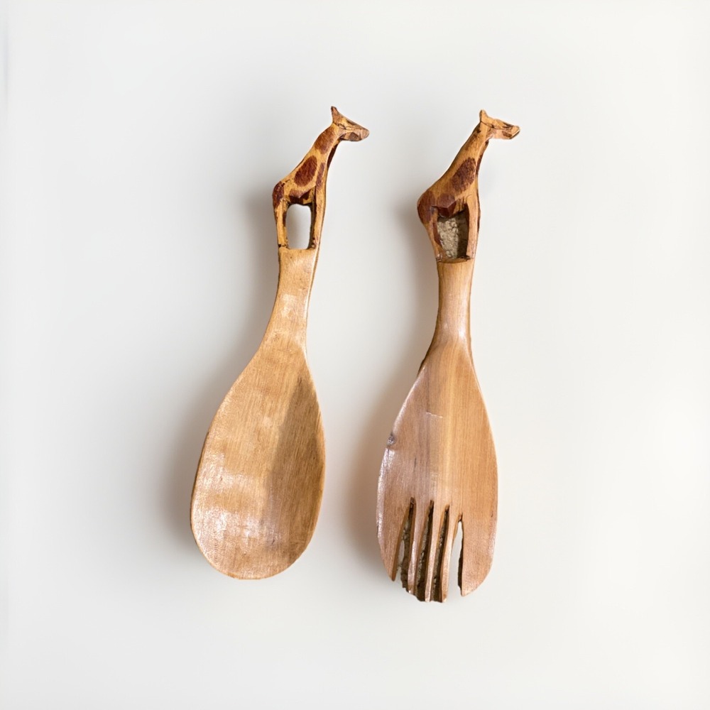 Kenya Artisan Hand-Carved African Giraffe 9" Wood Fork Spoon Salad Server Set